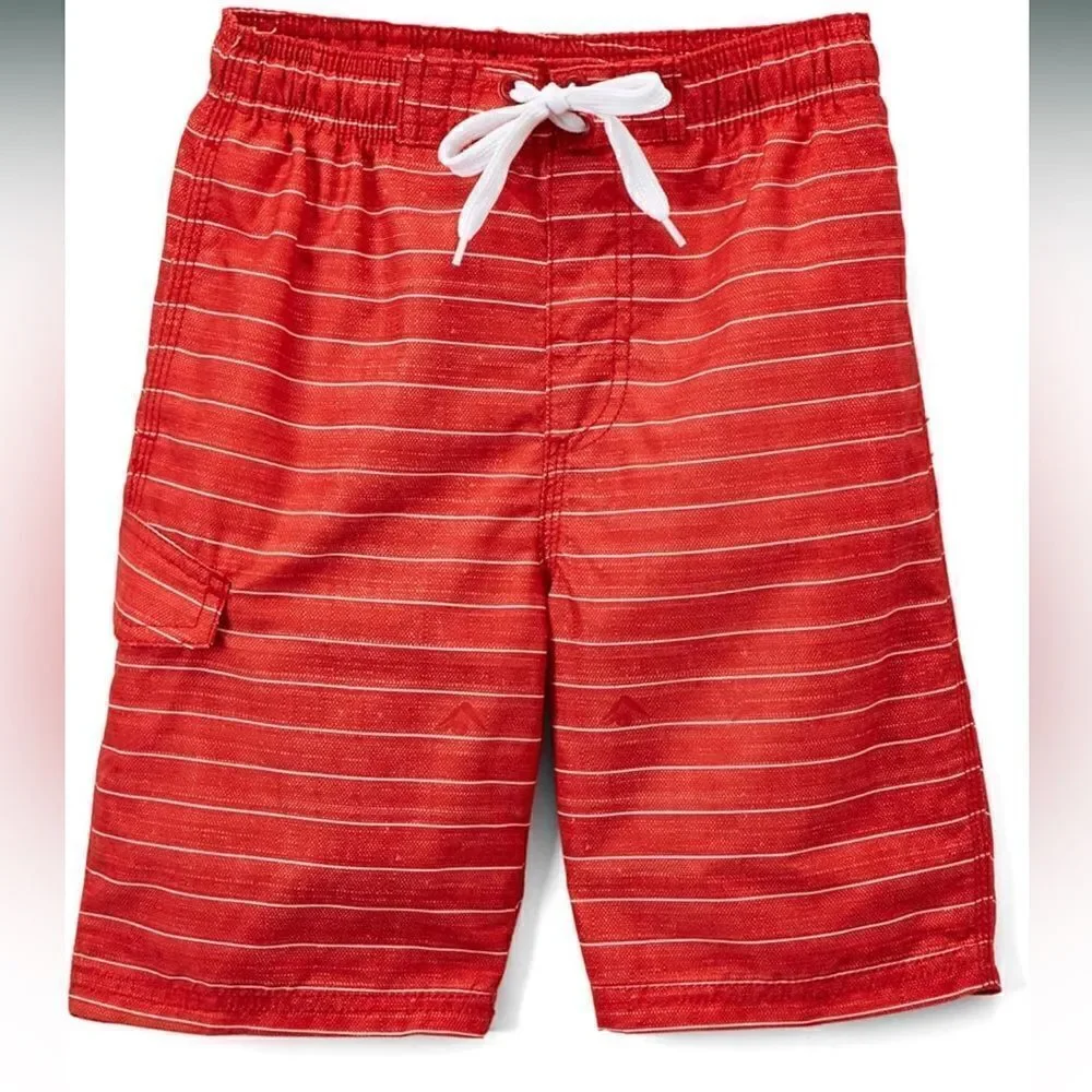 NWT KANU Surf Boys Board Shorts Swim Trunks Red Black Plaid - Size Medium 5/6
